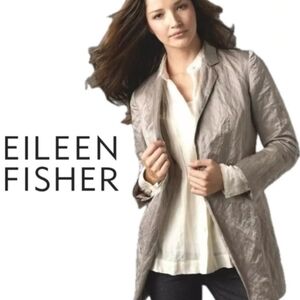 Eileen Fisher Satin Metallic Crinkle Blazer Notch 1 Button Champagne Jacket